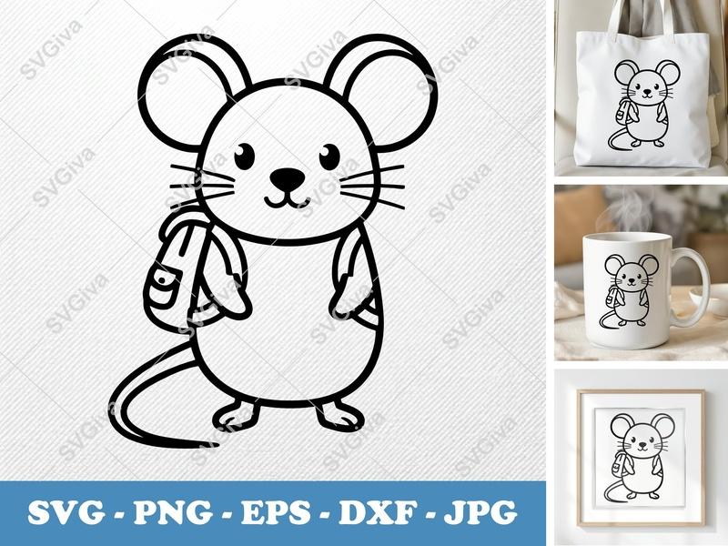 Mouse SVG, Cute Cartoon Mouse with Backpack Cut File, School Animal PNG, EPS, DXF for Cricut & Silhouette, Digital Vector Art