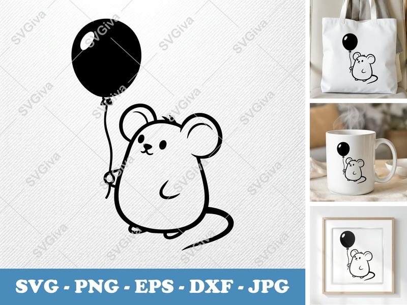 Mouse SVG, Cute Cartoon Mouse with Balloon, Animal Clipart, Cricut Silhouette Cut File, PNG EPS DXF Vector