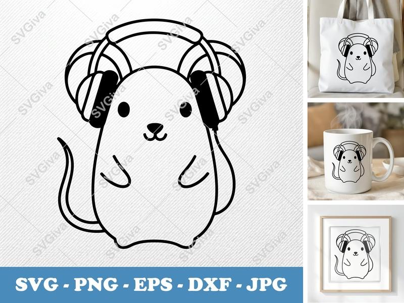Mouse SVG, Cute Hamster with Headphones Clipart, Modern Animal Cut File for Cricut, Silhouette | PNG EPS DXF Vector