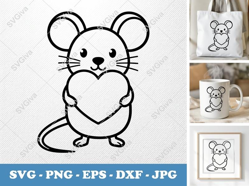 Mouse SVG, Cute Holding Heart, Kawaii Animal Cut File, Love Clipart PNG EPS DXF for Cricut & Silhouette, Valentine Decor