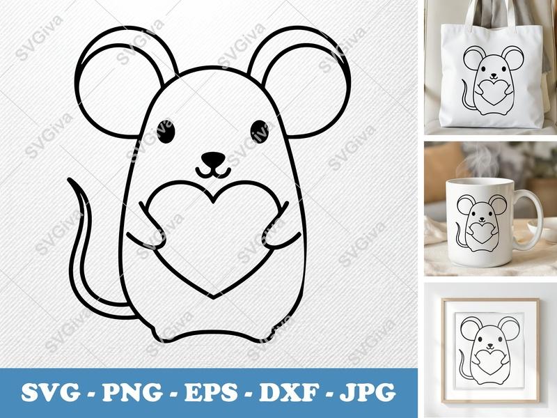 Mouse SVG, Cute Kawaii Love Heart Mouse, Modern Animal Cut File, PNG EPS DXF for Cricut Silhouette