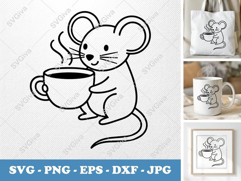 Mouse SVG, Cute Modern Mouse Drinking Coffee Clipart, Animal Cut File for Cricut, Silhouette | PNG EPS DXF Vector