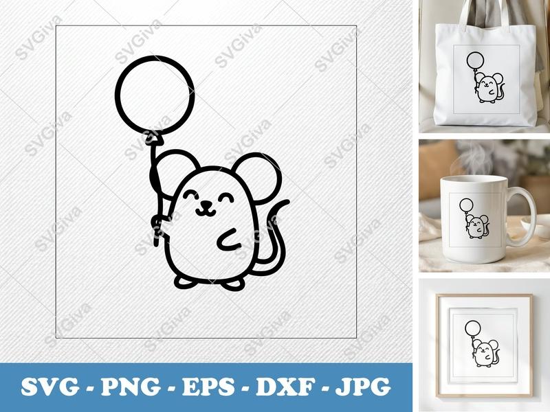 Mouse SVG, Cute Mouse Balloon Cut File, Cartoon Animal PNG EPS DXF, Cricut Silhouette Vinyl Decal, Kids Craft Art