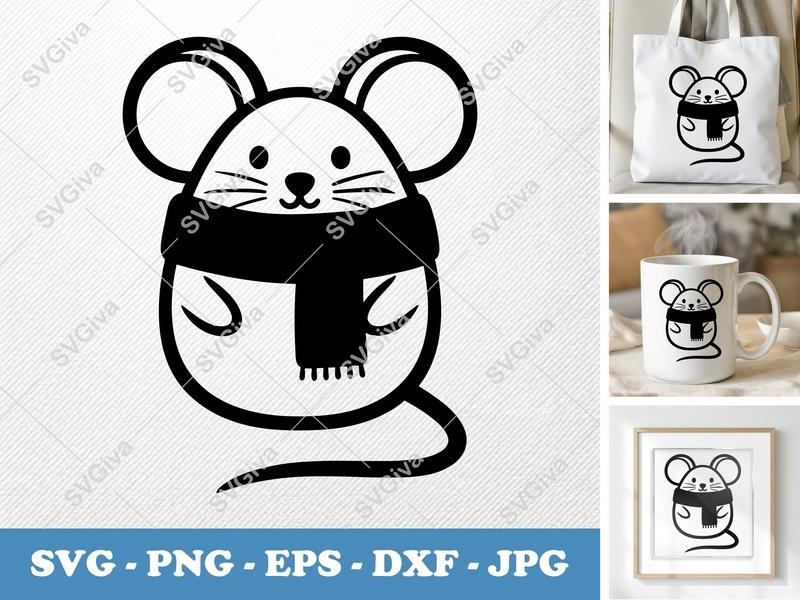 Mouse SVG, Cute Mouse Scarf PNG, EPS, DXF | Winter Animal Clipart for Cricut, Silhouette | Modern Cartoon Rodent Cut File