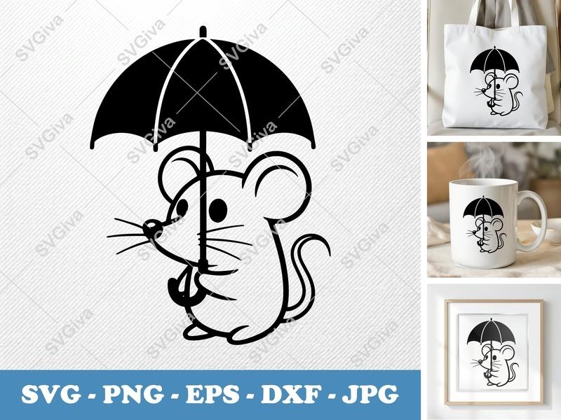 Mouse SVG, Cute Mouse Umbrella Cut File, Kawaii Animal PNG EPS DXF for Cricut & Silhouette, Modern Cartoon Rodent Design