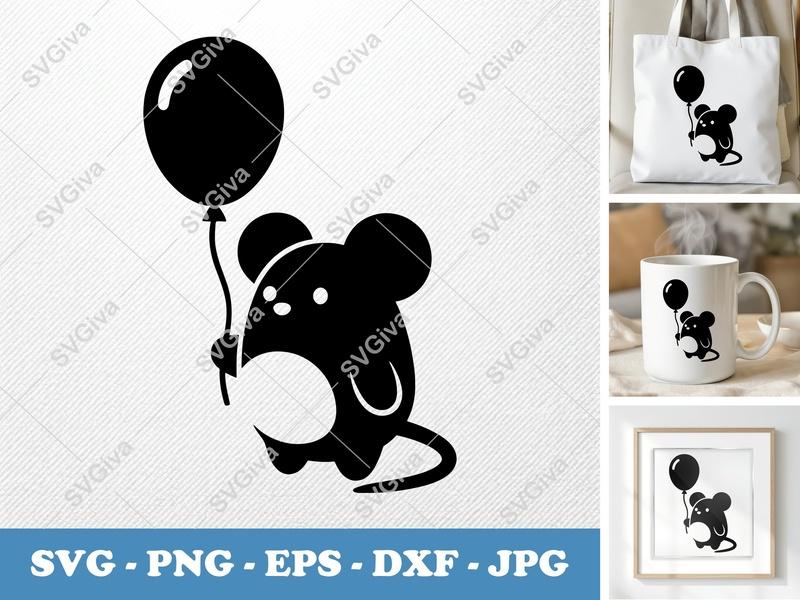 Mouse SVG, Cute Mouse with Balloon Cut File, Birthday Party Clipart, Animal Design for Cricut, Silhouette, PNG, EPS, DXF