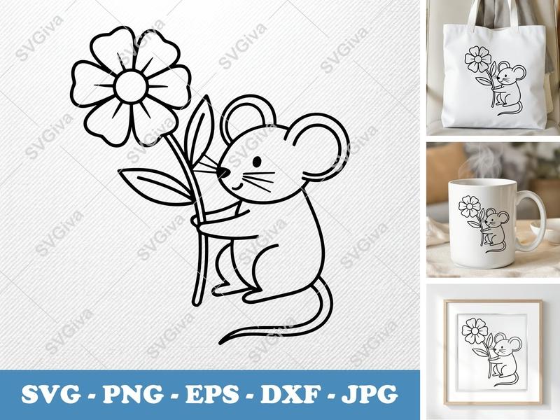 Mouse SVG, Cute Mouse with Flower, Animal Cut File, Modern Line Art, PNG, EPS, DXF for Cricut & Silhouette