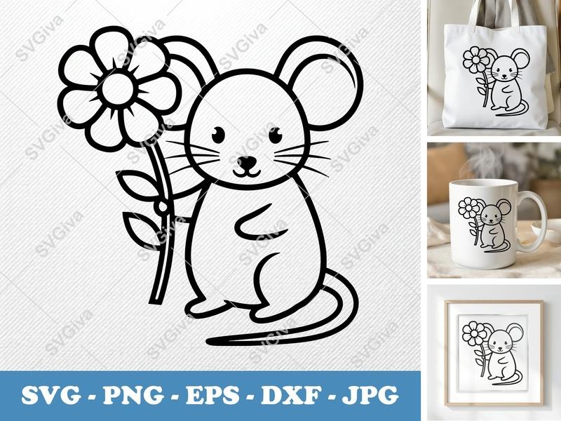 Mouse SVG, Cute Mouse with Flower Cut File, Cartoon Animal PNG EPS DXF, Cricut Silhouette Design, Kids Craft, Digital Download