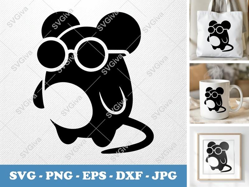 Mouse SVG, Cute Mouse with Glasses Cut File, Modern Animal Clip Art, PNG, EPS, DXF for Cricut & Silhouette