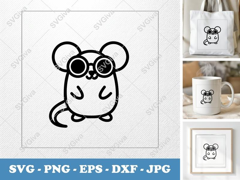 Mouse SVG, Cute Mouse with Glasses Cut File, Modern Animal Clip Art, PNG EPS DXF for Cricut, Silhouette, Vector Digital Download