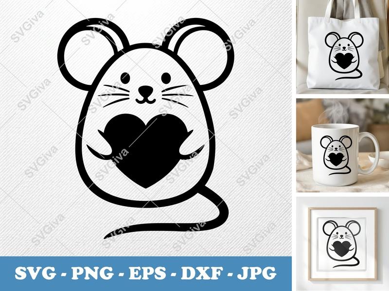 Mouse SVG, Cute Mouse with Heart Cut File, Love Rodent PNG EPS DXF for Cricut & Silhouette, Animal Valentine Decor