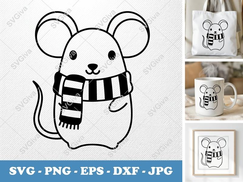 Mouse SVG, Cute Mouse with Scarf | Modern Animal Clipart, Digital Download | PNG EPS DXF for Cricut Silhouette