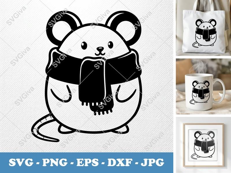 Mouse SVG, Cute Mouse with Scarf, Winter Animal Clipart, PNG EPS DXF for Cricut & Silhouette, Digital Download