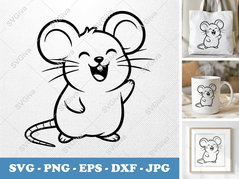 Mouse SVG, Happy Cute Mouse Cut File PNG EPS DXF, Cartoon Animal Cricut Silhouette Design, Rodent Clipart Vector Art