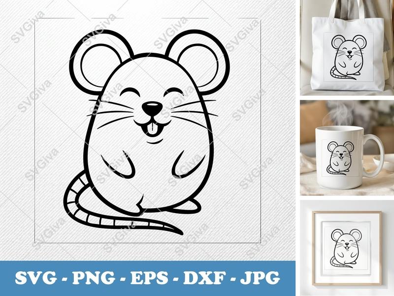 Mouse SVG, Happy Cute Mouse Cut File PNG EPS DXF | Cricut Silhouette Design, Cartoon Animal Vector Art, Clip Art