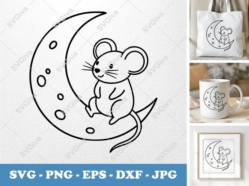 Mouse SVG on Moon | Cute Cartoon Animal Cut File | PNG EPS DXF for Cricut & Silhouette | Baby Nursery Decor