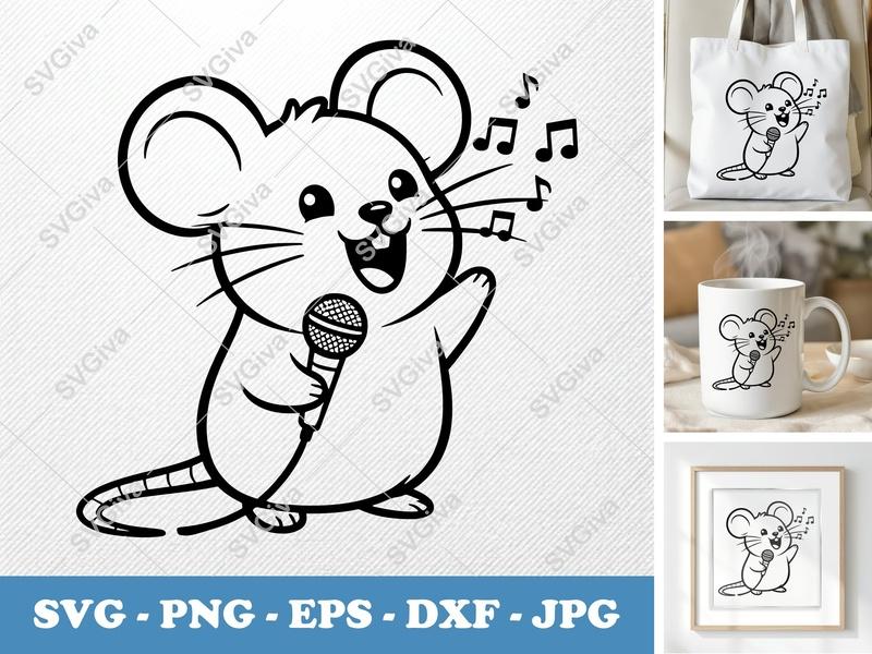 Mouse SVG, Singing Mouse Clipart, Music Notes Mic Cut File, Cute Animal PNG EPS DXF for Cricut & Silhouette, Cartoon Design