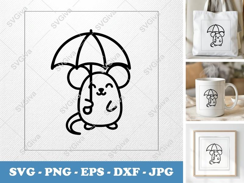 Mouse SVG Umbrella Cut File | Cute Rodent PNG EPS DXF | Cricut Silhouette Design | Kawaii Animal Vector Clipart