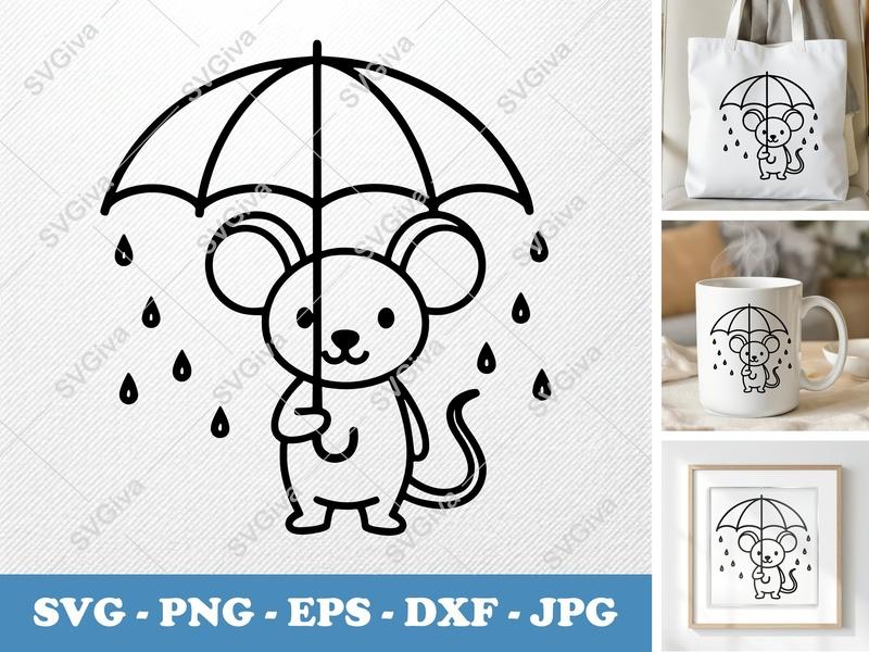 Mouse SVG, Umbrella Raindrops Cut File, Cute Animal PNG EPS DXF, Cricut Silhouette Design, Kids Craft, Nursery Decor