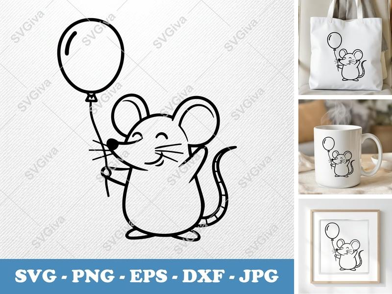 Mouse with Balloon SVG | Friendly Bean-Shaped Cut File | PNG DXF EPS | Cricut Silhouette