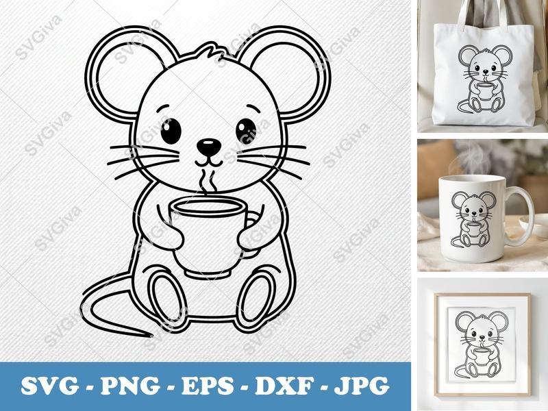 Mouse with Coffee Cup SVG | PNG DXF EPS Cut File Cricut Silhouette