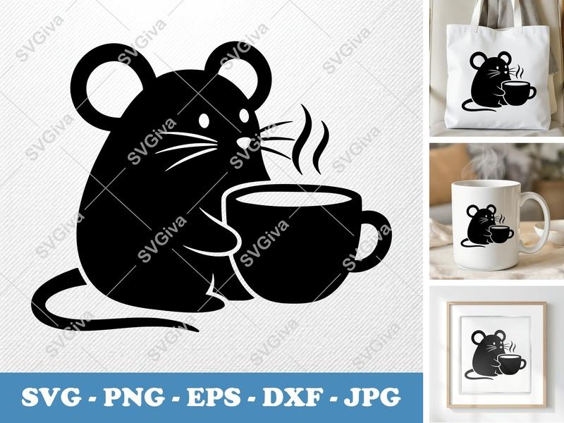 Mouse with Coffee Cup SVG | Puffy Pillow Soft Shapes | PNG DXF EPS | Cricut Silhouette Cut File