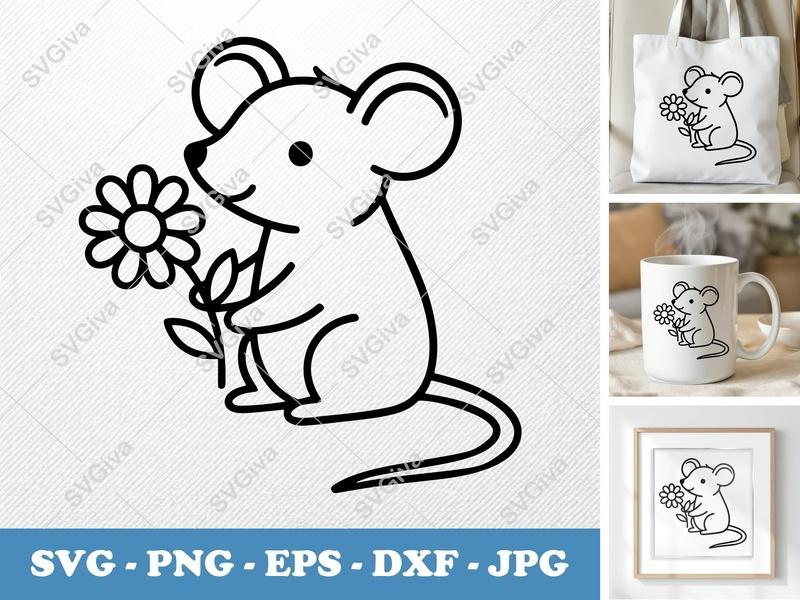Mouse with Flower SVG | Minimalist Line Art | Bold Black Contour, Clean White Fill | PNG, DXF, EPS | Cricut & Silhouette Cut File