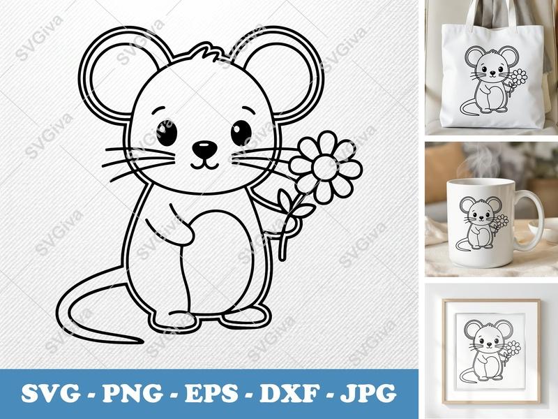 Mouse with Flower SVG PNG DXF EPS | Cricut Silhouette Cut File