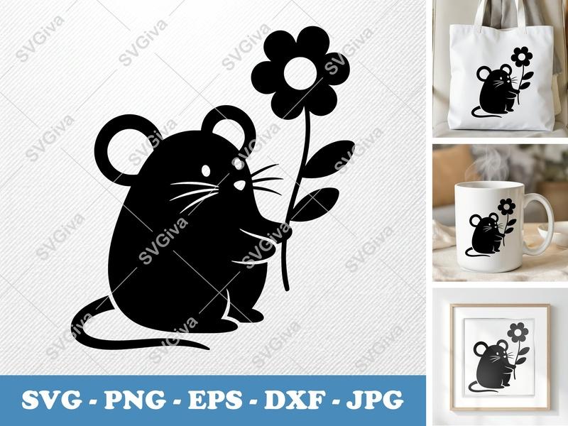 Mouse with Flower SVG | Puffy Soft Forms | PNG DXF EPS | Cricut Silhouette Cut File