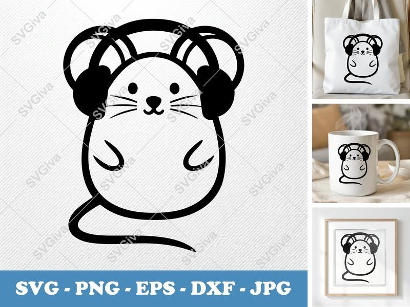 Mouse with Headphones SVG, Cute Animal Clip Art, Music Lover PNG EPS DXF, Cricut Silhouette Cut File, Modern Design