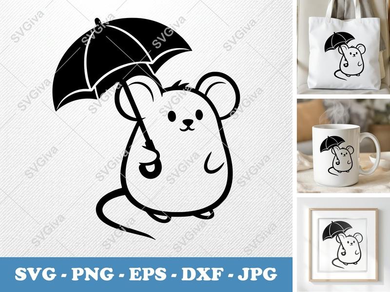 Mouse with Umbrella SVG, Cute Modern Design PNG EPS DXF | Cricut Silhouette Cut File, Animal Clipart Vector