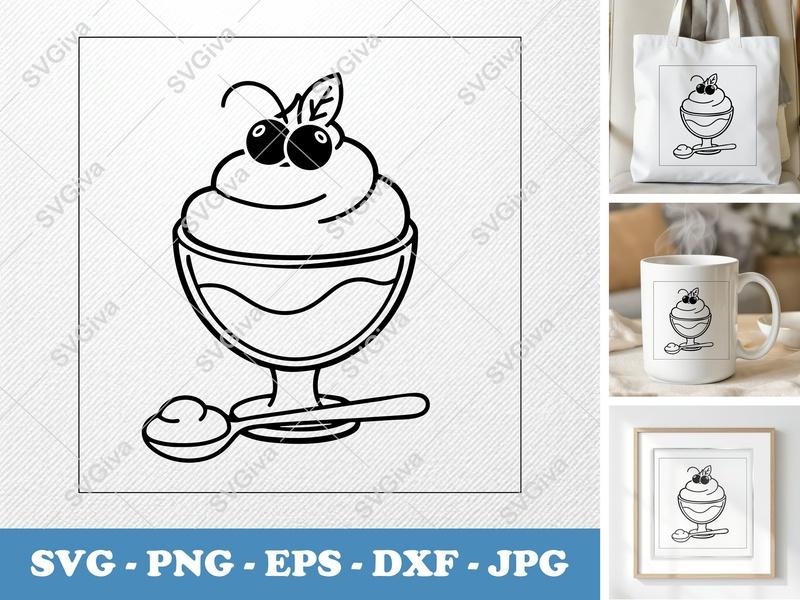 Mousse SVG, Dessert Cup with Berries & Spoon, Food Clipart, PNG EPS DXF for Cricut Silhouette
