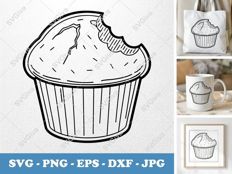 Muffin SVG | Bitten Cupcake Cut File, Sprinkles, Outline | PNG EPS DXF for Cricut, Silhouette | Modern Bakery Design