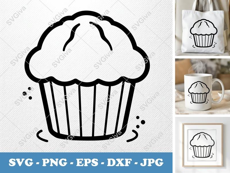 Muffin SVG | Double-Outline Minimalist Design | Thick Outer Contour, Thin Inner Lines | Clean Space | PNG DXF EPS | Cricut Silhouette