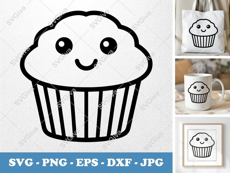 Muffin SVG Kawaii Cute Face, Food Clipart, Bakery Outline, PNG, EPS, DXF for Cricut & Silhouette