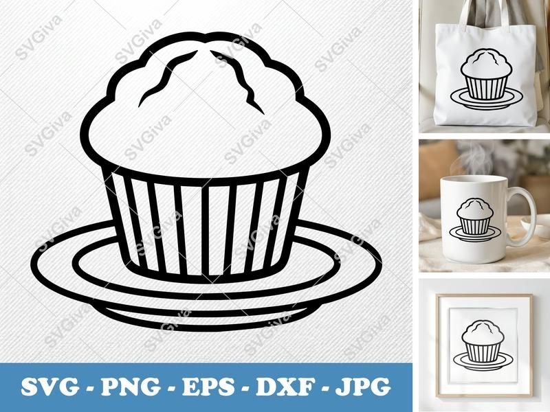 Muffin SVG | Modern Clean Outline Design | Cupcake on Plate | PNG EPS DXF for Cricut Silhouette