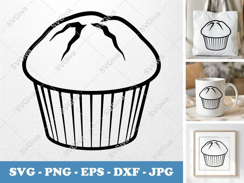 Muffin SVG | Modern Clean Outline Design | PNG, EPS, DXF | Cricut & Silhouette Cut File | Bakery Treat Clipart