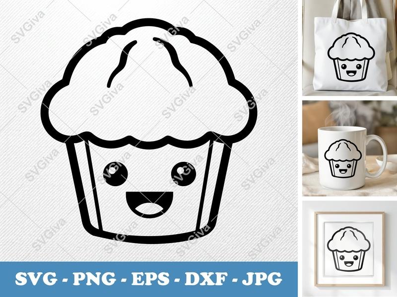 Muffin with Smiling Face SVG | Double-Outline Minimalist Cut File | PNG DXF EPS for Cricut Silhouette