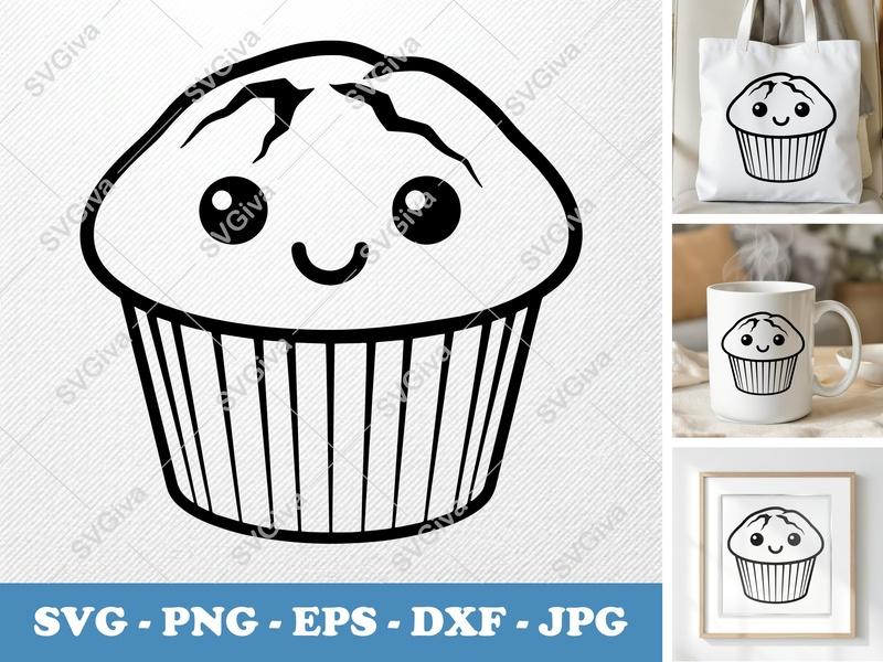 Muffin with Smiling Face SVG PNG DXF EPS | Cute Food Cut File for Cricut Silhouette