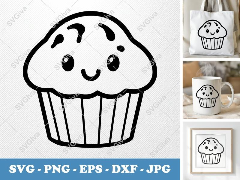Muffin with smiling face SVG PNG DXF EPS | Kawaii Food Cut File Cricut Silhouette