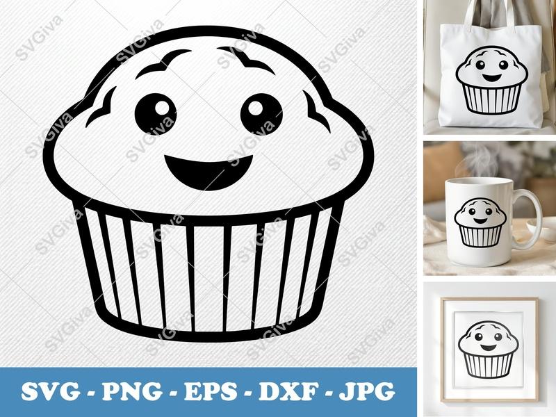 Muffin with smiling face SVG | Rounded Friendly Bean Shaped Forms | PNG DXF EPS | Cricut Silhouette