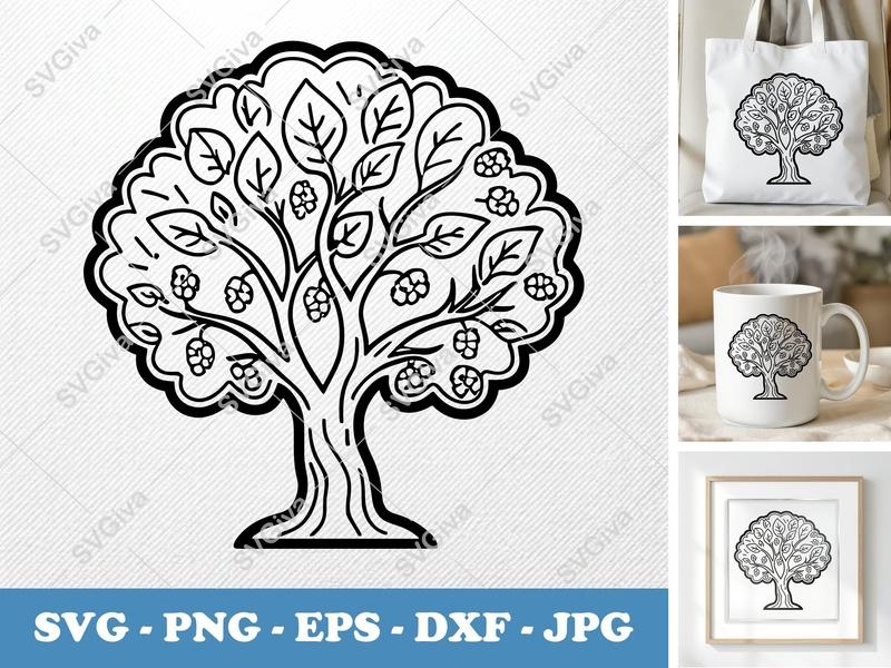 Mulberry Tree classic svg icon | Double Outline, Nature Cut File | SVG PNG EPS DXF for Cricut, Silhouette