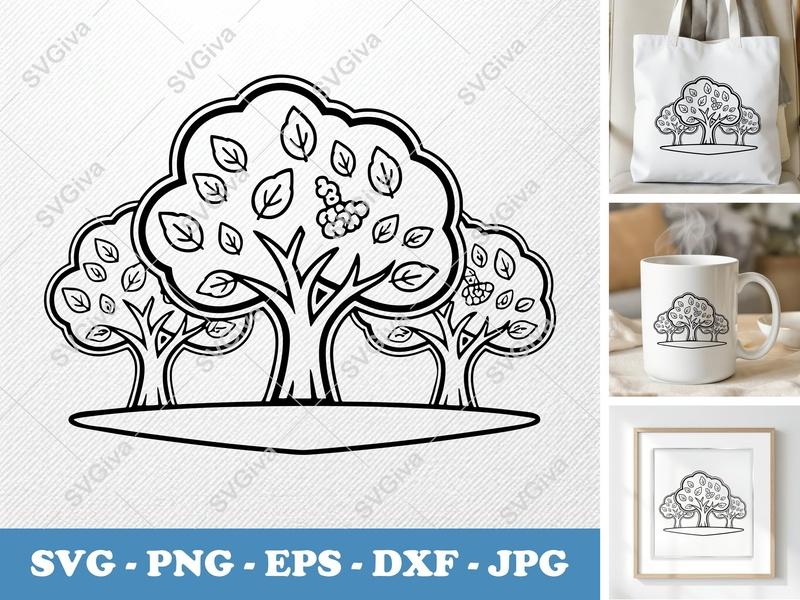 Mulberry Tree in a group SVG | Double Outline Tree Cut File | Thick & Thin Lines | PNG EPS DXF for Cricut Silhouette