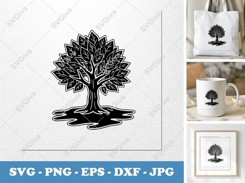 Mulberry Tree on a piece of land SVG | Black Fill with White Contour | Nature Plant Cut File | PNG DXF EPS for Cricut Silhouette