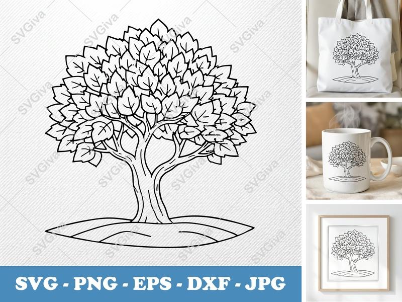 Mulberry Tree on a piece of land SVG | Bold Outline Tree PNG EPS DXF | Nature Clipart for Cricut & Silhouette