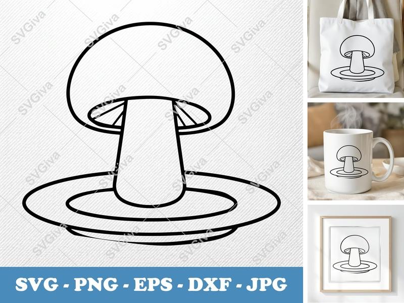Mushroom on a Plate SVG | Minimalist Character Cut File | Bold White Fill | PNG DXF EPS | Cricut Silhouette Kitchen Decor