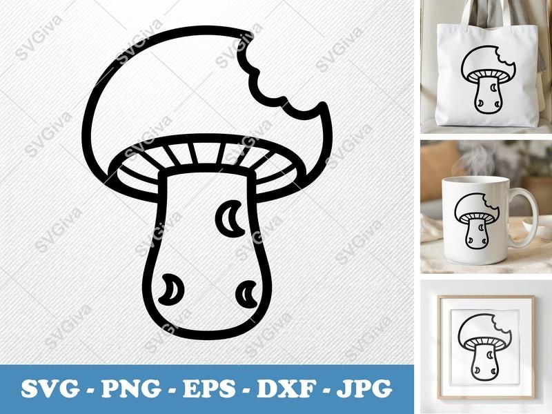 Mushroom Partially Eaten SVG | Friendly Rounded Body Bean-Shaped Cut File | PNG DXF EPS for Cricut Silhouette