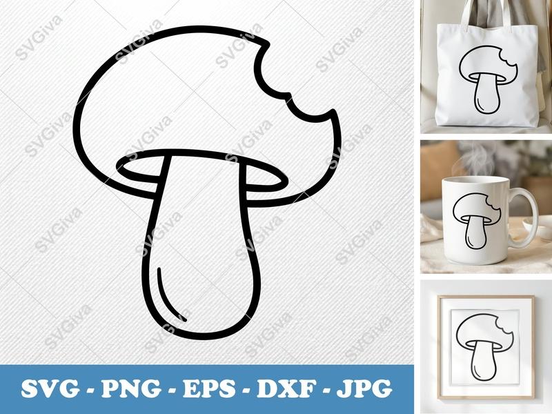 Mushroom SVG | Bitten Outline Cut File, Modern Fungi Clipart | PNG EPS DXF for Cricut, Silhouette