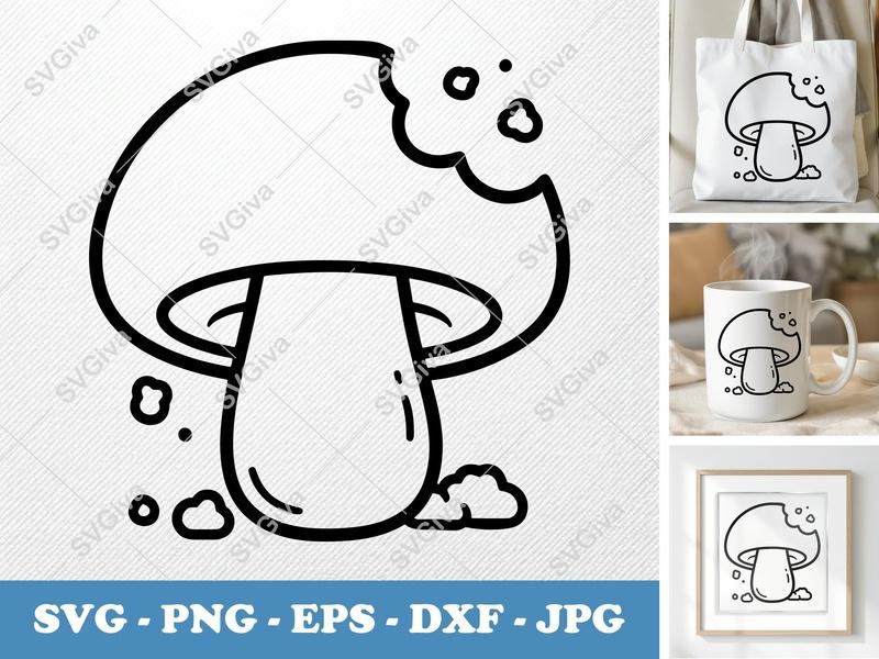 Mushroom SVG | Bitten Outline Fungi Cut File | Modern Food Clipart PNG EPS DXF for Cricut Silhouette