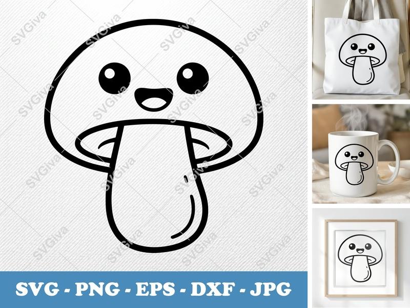 Mushroom SVG | Cute Kawaii Fungi Outline, Happy Face Clipart | PNG EPS DXF for Cricut Silhouette